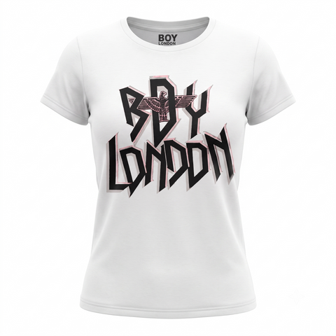Playera Blanca de Mujer Foil Rosa Letras Brillantes Boy London