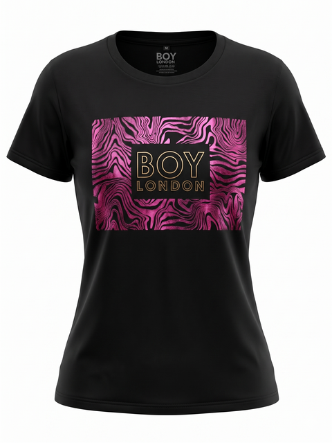 Playera Boy London Mujer Negra Estampado Rosa Foil
