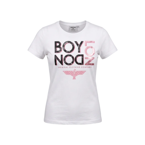 Playera Blanca de Mujer Boy London Letras Glitter
