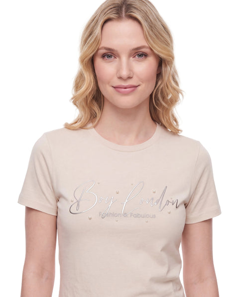 Playera Boy London Mujer Crema Plateado Perlas