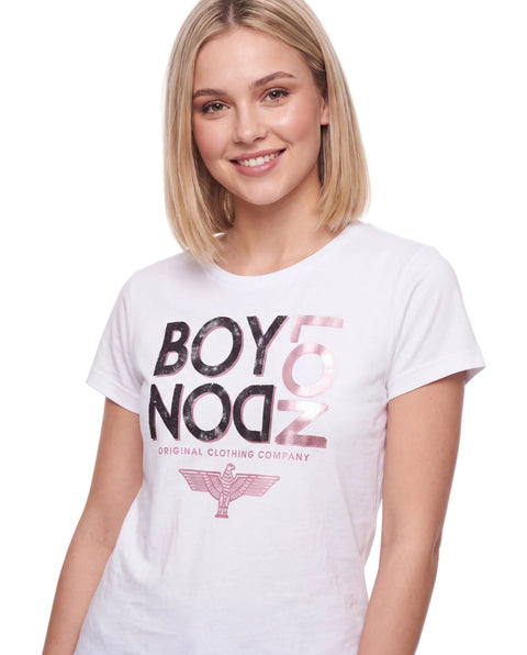 Playera Blanca de Mujer Boy London Letras Glitter