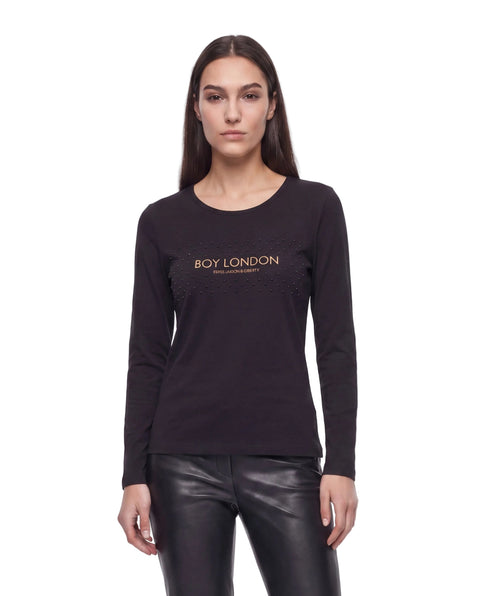 Playera Boy London Mujer Negra Manga Larga Pedrería Foil Dorado