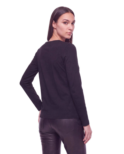 Playera Boy London Mujer Negra Manga Larga Pedrería Foil Dorado
