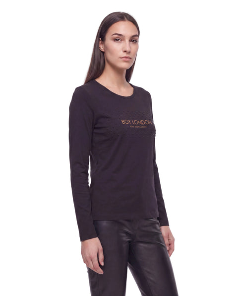 Playera Boy London Mujer Negra Manga Larga Pedrería Foil Dorado