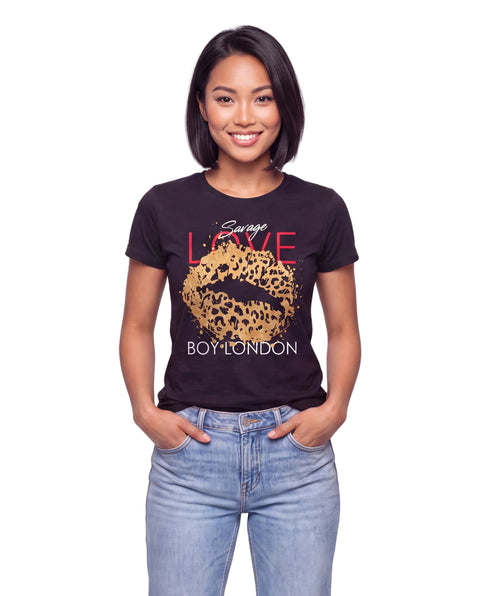 Playera Negra de Mujer De Algodon Labios Foil Oro Boy London