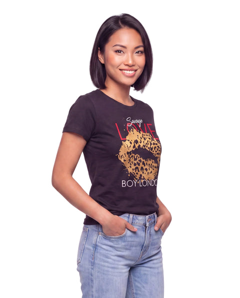 Playera Negra de Mujer De Algodon Labios Foil Oro Boy London