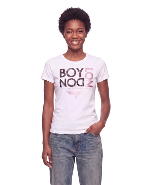 Playera Blanca de Mujer Boy London Letras Glitter