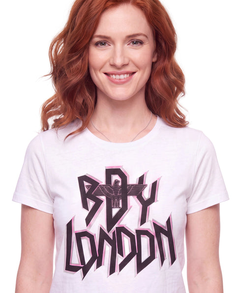Playera Blanca de Mujer Foil Rosa Letras Brillantes Boy London