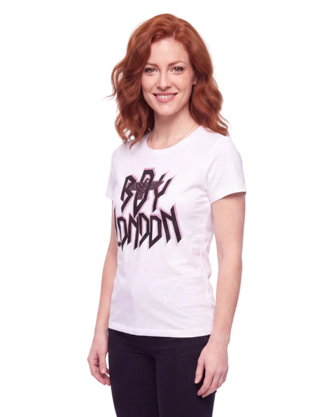 Playera Blanca de Mujer Foil Rosa Letras Brillantes Boy London