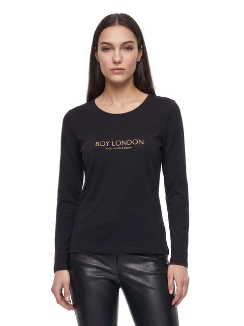 Playera Boy London Mujer Negra Manga Larga Pedrería Foil Dorado