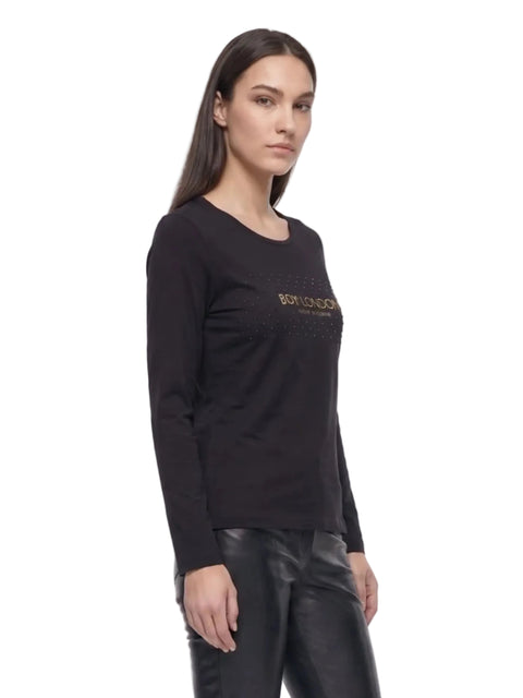 Playera Boy London Mujer Negra Manga Larga Pedrería Foil Dorado