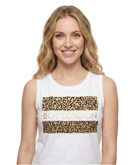 Blusa Tirantes Boy London Mujer Blanca Animal Print Leopardo
