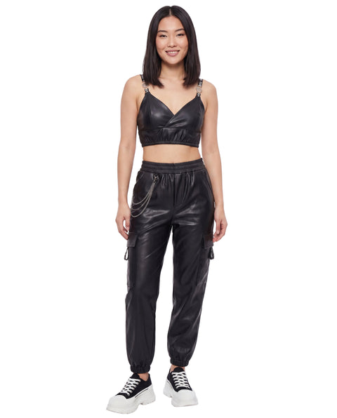 Pantalón Cargo Jogger Boy London de Mujer Vinipiel Negro Cadena