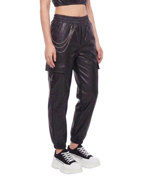 Pantalón Cargo Jogger Boy London de Mujer Vinipiel Negro Cadena