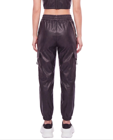Pantalón Cargo Jogger Boy London de Mujer Vinipiel Negro Cadena