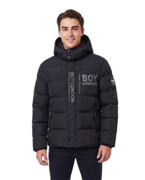 Chamarra Puffer Boy London Hombre Negra Capucha Nylon Técnico