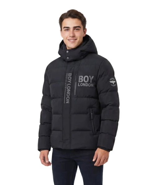 Chamarra Puffer Boy London Hombre Negra Capucha Nylon Técnico
