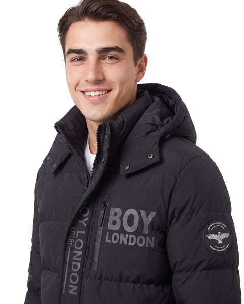Chamarra Puffer Boy London Hombre Negra Capucha Nylon Técnico