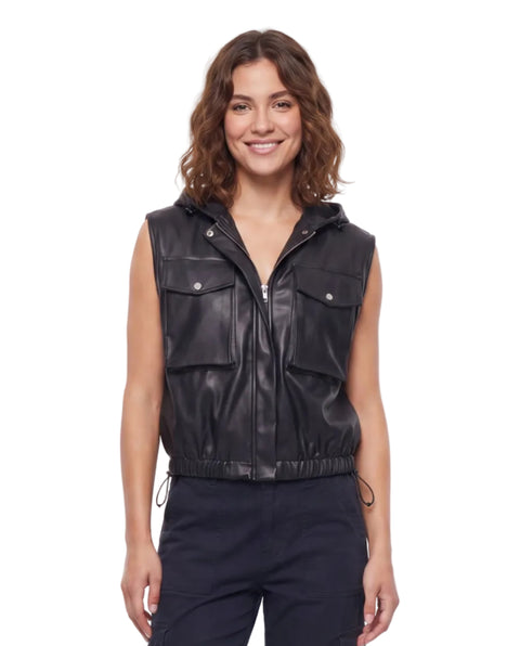 Chaleco Boy London Mujer Vinipiel Negro Capucha