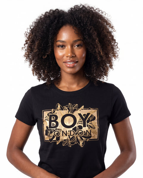Playera Boy London Mujer Negra Floral Foil Dorado Logo