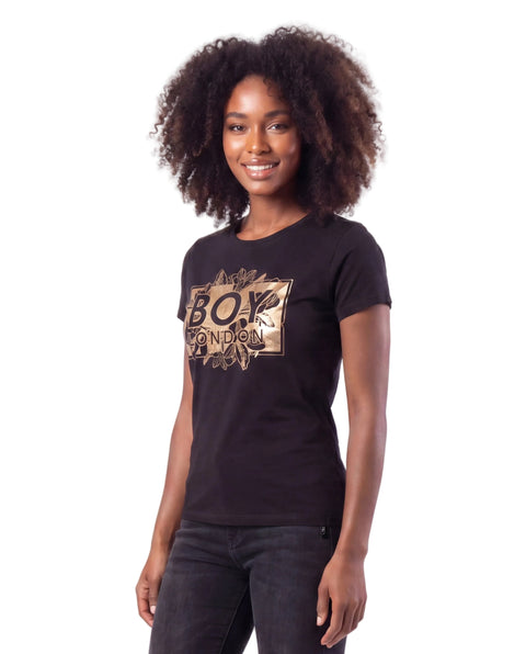 Playera Boy London Mujer Negra Floral Foil Dorado Logo
