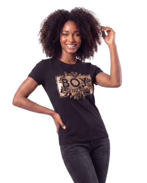Playera Boy London Mujer Negra Floral Foil Dorado Logo