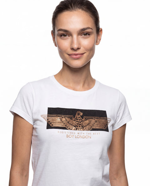 Playera Boy London Mujer Blanca Águila Foil Dorado