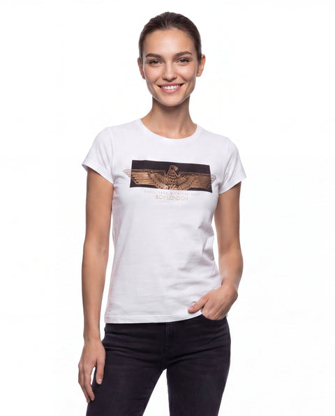 Playera Boy London Mujer Blanca Águila Foil Dorado