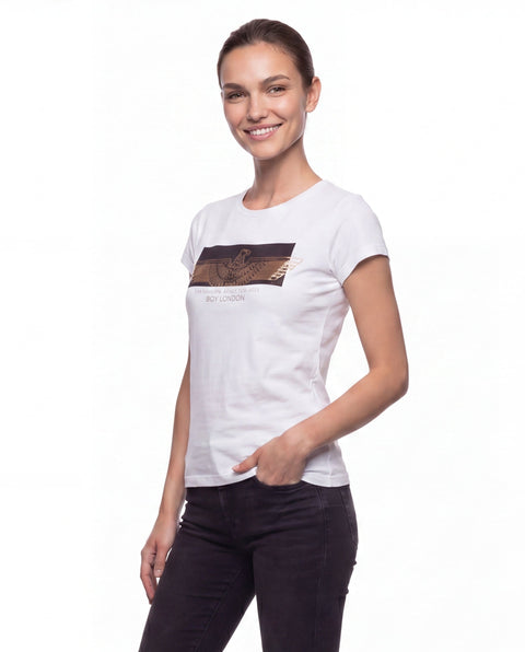 Playera Boy London Mujer Blanca Águila Foil Dorado