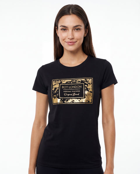 Playera Boy London Mujer Negra Foil Dorado Original