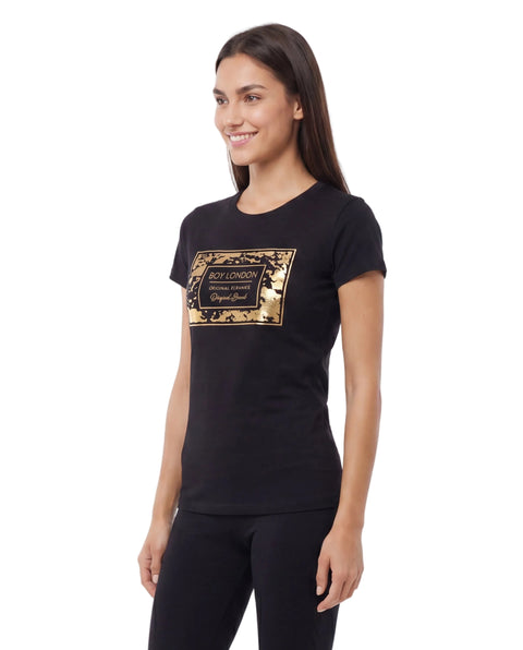 Playera Boy London Mujer Negra Foil Dorado Original