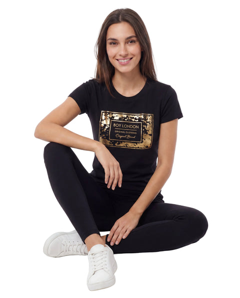 Playera Boy London Mujer Negra Foil Dorado Original