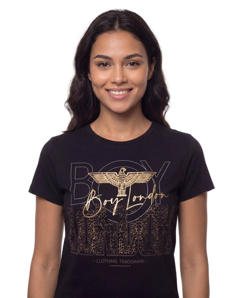 Playera Boy London Mujer Negra Foil Dorado Animal