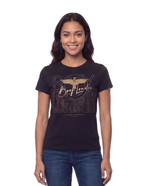 Playera Boy London Mujer Negra Foil Dorado Animal