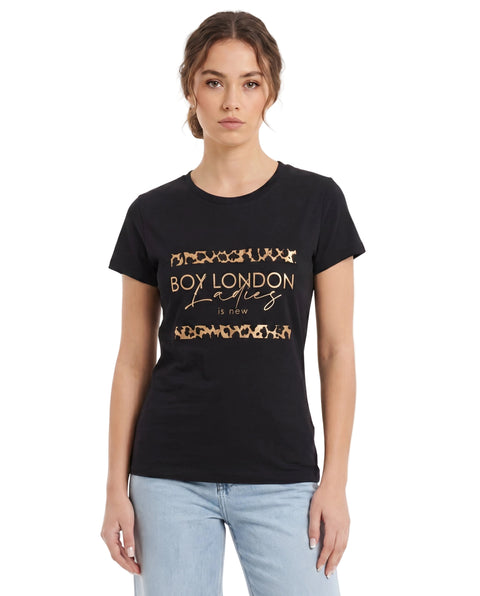 Playera Boy London Mujer Negra Ladies Foil Dorado Animal