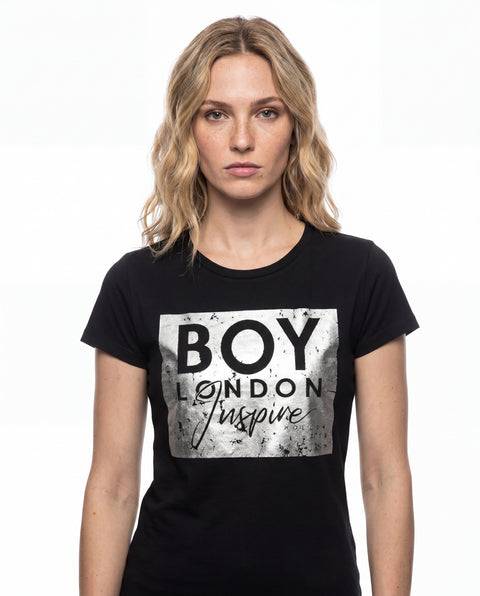 Playera Boy London Mujer Negra Inspire Foil Plateado