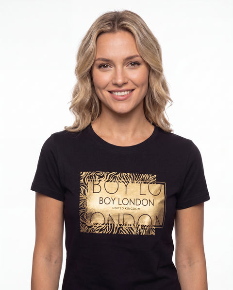 Playera Boy London Mujer Negra United Kingdom Foil Dorado Cebra
