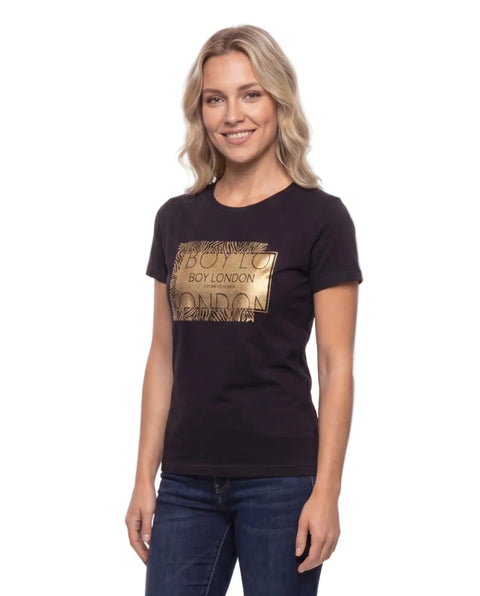Playera Boy London Mujer Negra United Kingdom Foil Dorado Cebra