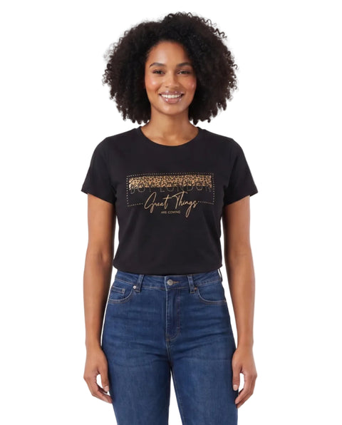 Playera Boy London Mujer Negra Great Things Foil Dorado Animal