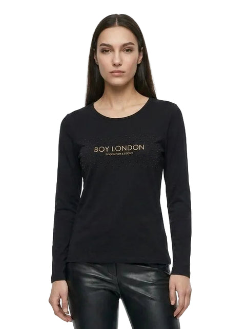 Playera Boy London Mujer Negra Manga Larga Pedrería Foil Dorado