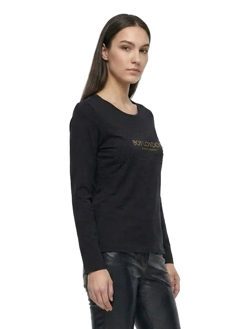Playera Boy London Mujer Negra Manga Larga Pedrería Foil Dorado