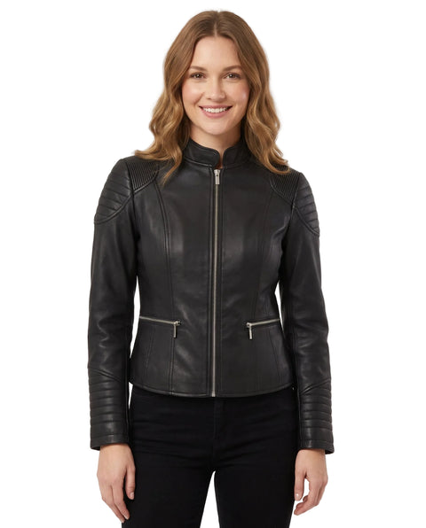 Chamarra Vinipiel Negra Casual Cierres Biker Dama Boy London