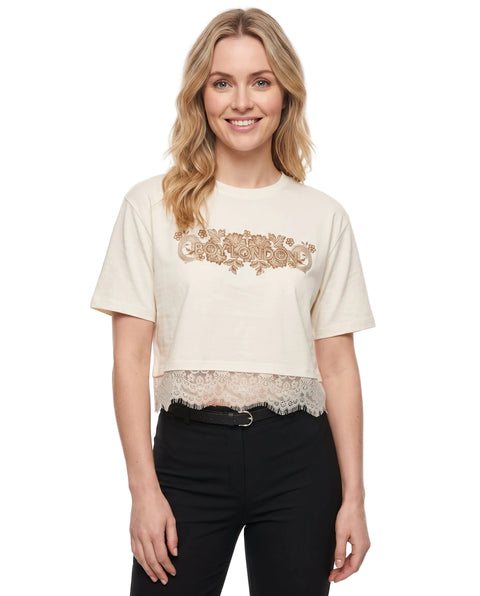 Crop Top Boy London Bordado Floral Dorado Crema Mujer