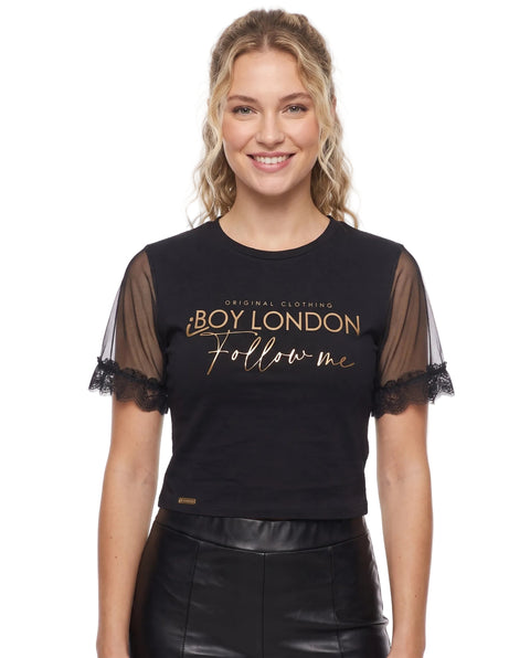 Crop Top Boy London Follow Me Foil Dorado Tul Negro Mujer