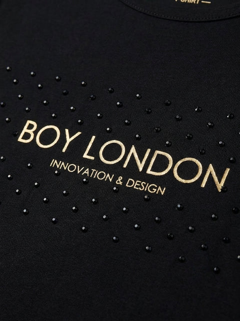 Playera Boy London Mujer Negra Manga Larga Pedrería Foil Dorado