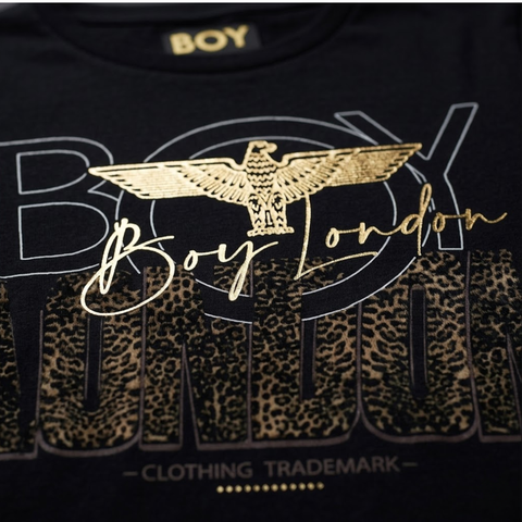 Playera Boy London Mujer Negra Foil Dorado Animal