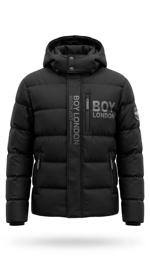 Chamarra Puffer Boy London Hombre Negra Capucha Nylon Técnico
