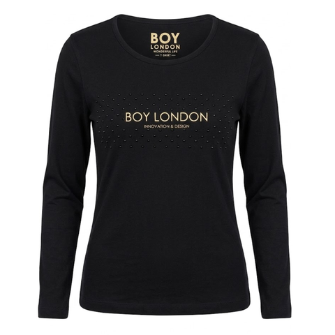 Playera Boy London Mujer Negra Manga Larga Pedrería Foil Dorado