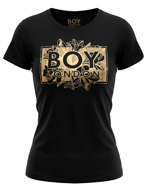 Playera Boy London Mujer Negra Floral Foil Dorado Logo