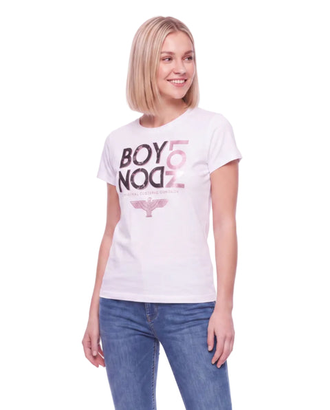 Playera Blanca de Mujer Boy London Letras Glitter